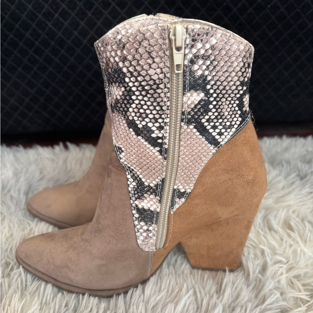 JustFab Britta Western Tan and Snake Print Heeled Boots